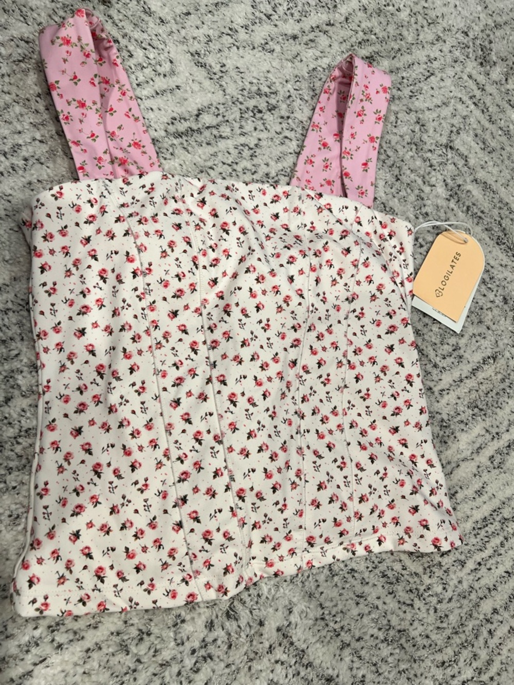 NWT Blogilates Tiny Pink Floral Tie-Back Corset Tank Top - Picture 4 of 10